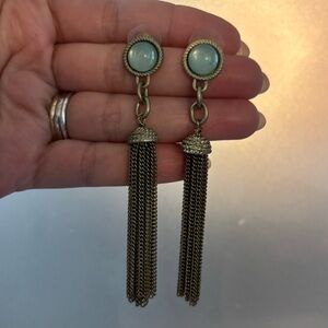 Old Gold Tone Tassel and Green Gem Dangle Post Back Earrings
